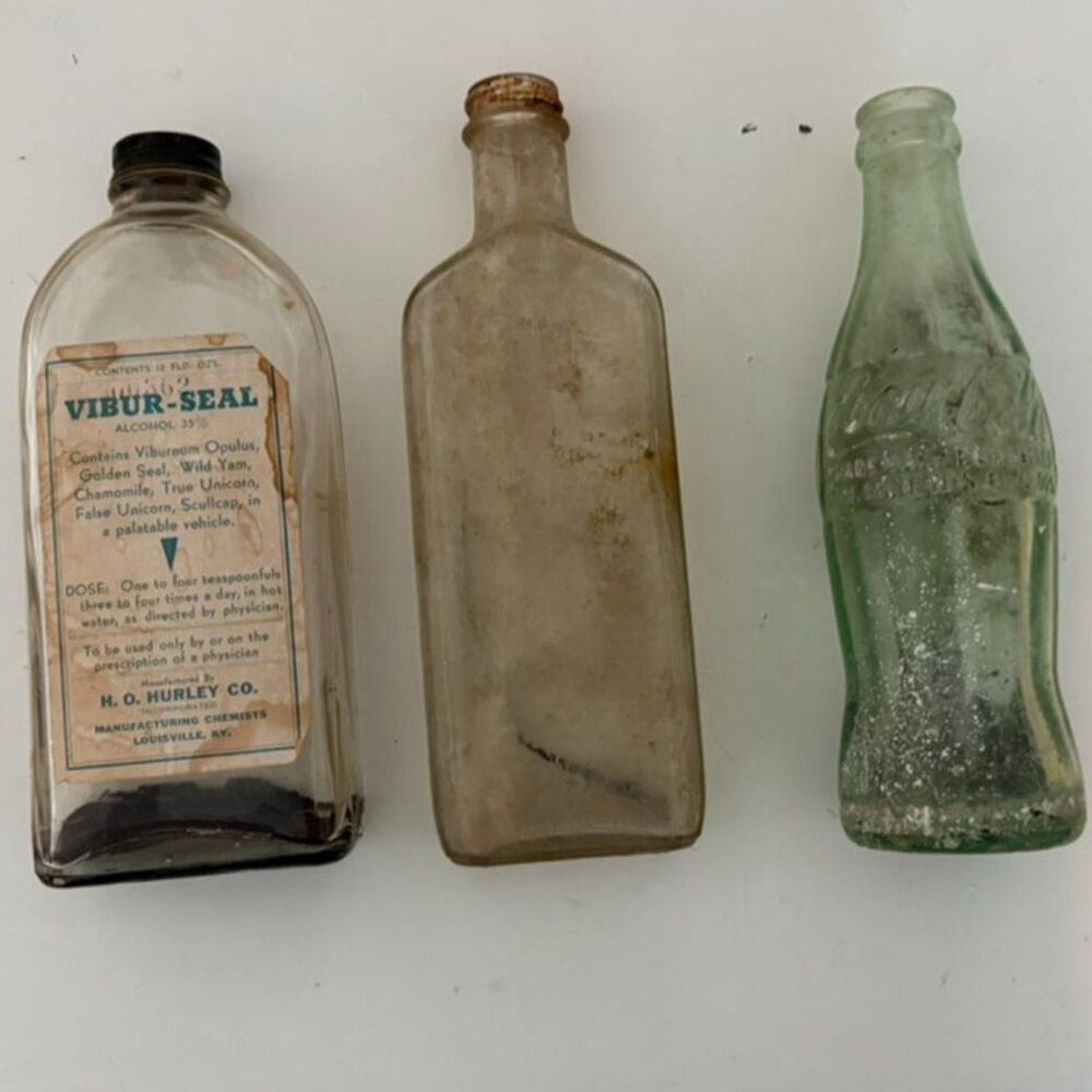 Set of 3 vintage medicine and soda glass bottles